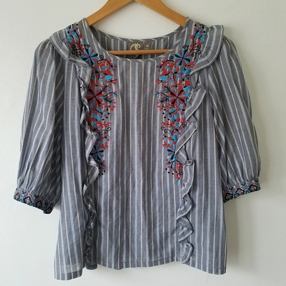 ANTHROPOLOGIE One September Embroidered Floral Ruffle Striped Blouse Size M